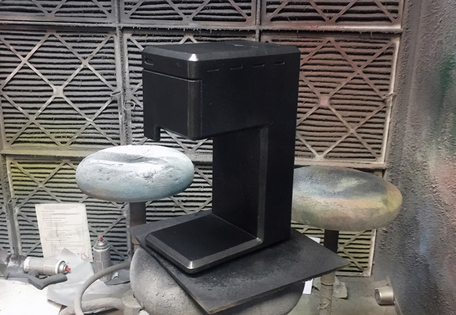  An early human factors model we made to assess how our design fit on kitchen counters and in shared office spaces. 