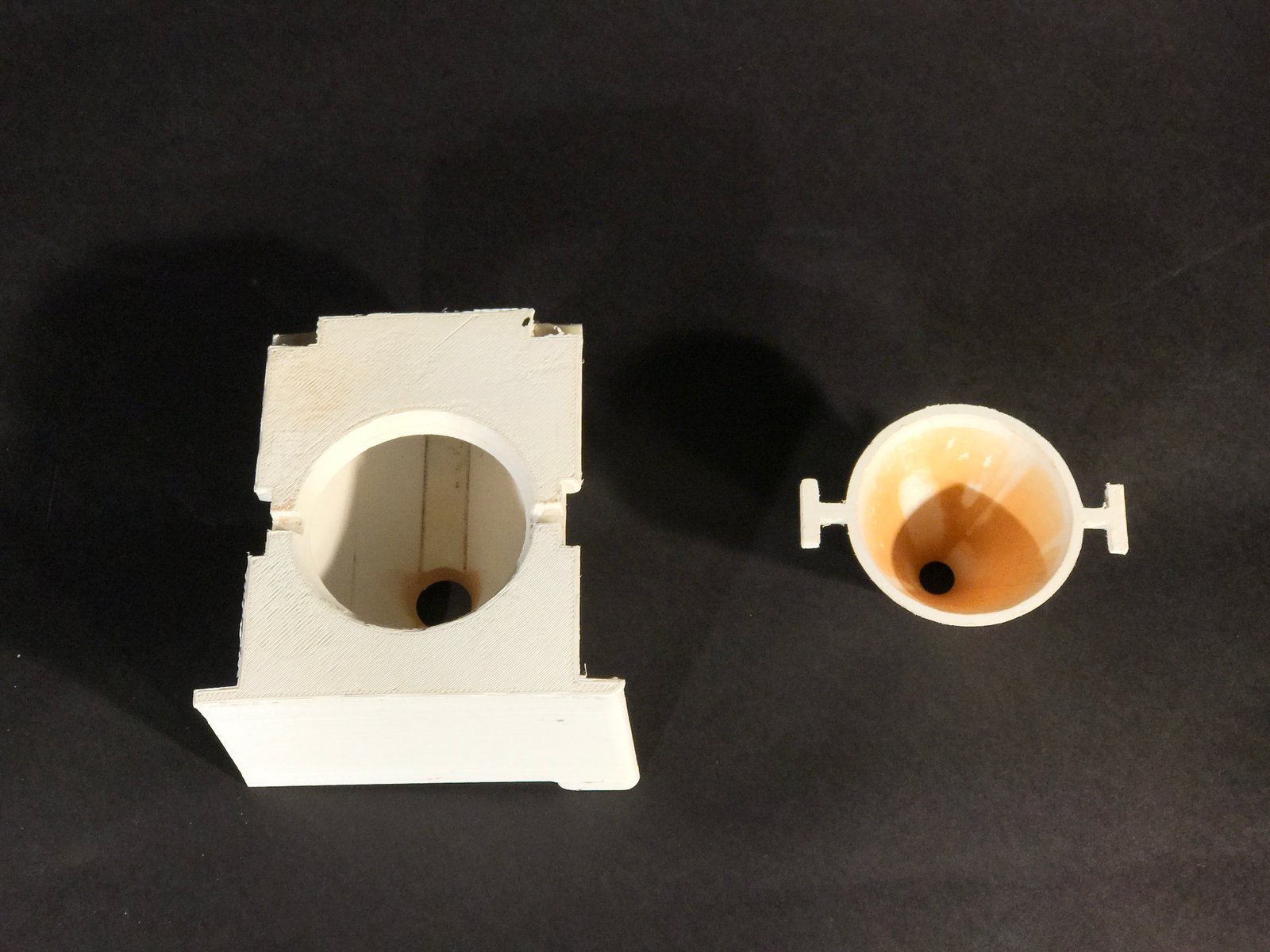  The first cone and drawer prototypes we tested. Our initial cone design was intended for just a 8 oz cup. 
