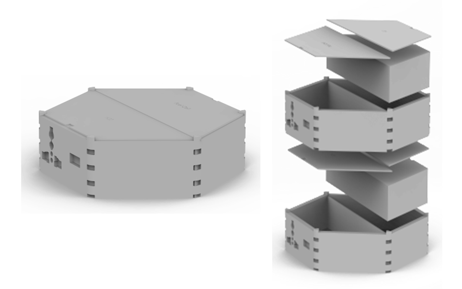  Our initial concept, which explored a modular design where modules are stacked ontop of eachother. Prior to having a supplier for the fuel cell components, we made few assumptions of what would or would not be possible—from a technological standpoint. 