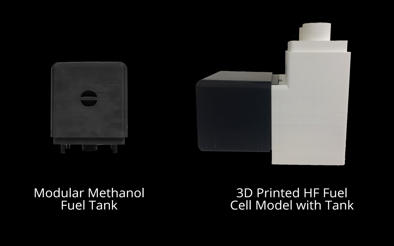  A 3D printed human factors model, demonstrating a small Hydrogen tank and the quick connect port on a fuel cell. Out designs for the fuel cells and tanks were based on samples and data sheets we received from Horizon Fuell Cell Technologies. 