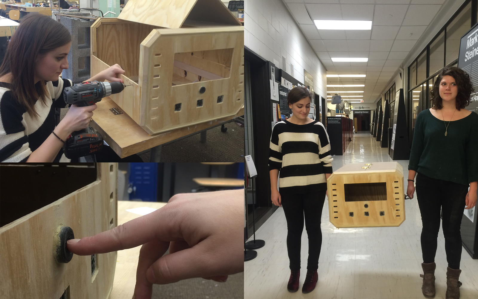  After further interface and form refinements, Stephanie (far left) began assembling a refined HF model. This iteration has handles on both sides, as demonstrated by Stephanie and Kayla (far right). To simulate the projected weight of the device and how it behaved, we filled the model with sandbags and water bottles. 
